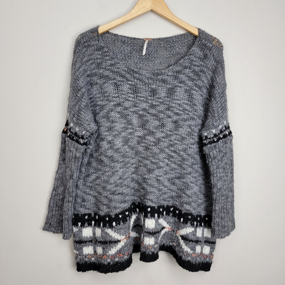 Free People Gray Sweater Womens Size S Wool Blend 3/4 Sleeve Oversized Boxy READ